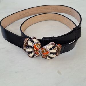 Chicos Black Belt w/ Whimsical Fish Buckle Statement Fashion Belt M/L